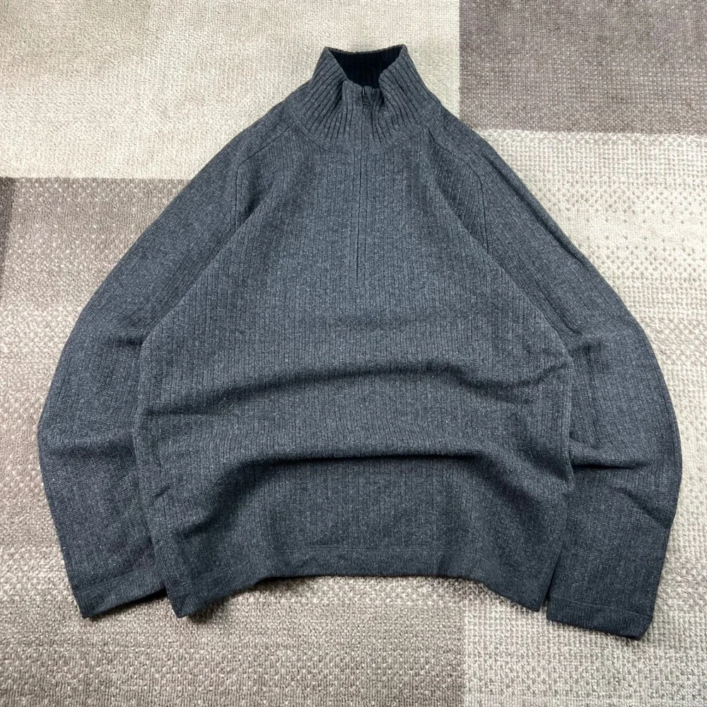 Banana Republic Mens Large Gray Lambswool Cashmere 1/4 Zip Sweater Elbow Patches